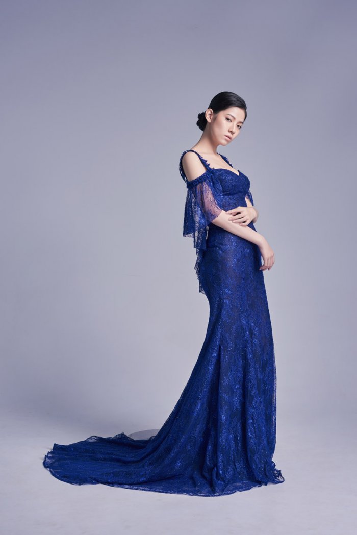 幸福商店 | Bridal Shop | B-V018 | 寶藍荷葉袖蕾絲魚尾晚禮服